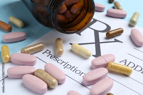 Φωτογραφία Medical prescription form with empty fields and pills on light blue background,