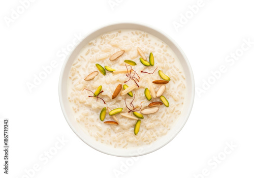creamy kheer rice pudding with pistachios and almonds top view