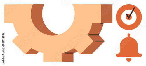 Productivity, workflow, notifications, goal tracking, task management, system tools. A gear with a bell and checkmark icons signifying workflow. Productivity and notifications concept