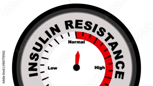 Insulin Resistance text or word shown with a barometer or tachometer-style gauge, representing varying levels of severity in the body’s diminished response to insulin and its impact on metabolism