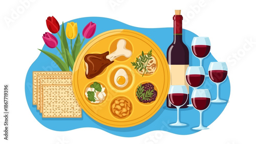 Passover Seder Plate with Matzah and Wine Glasses.