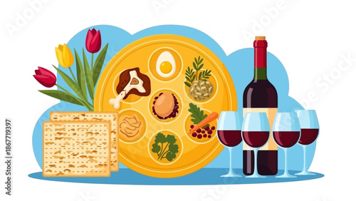 Passover Seder Plate with Matzah and Wine.