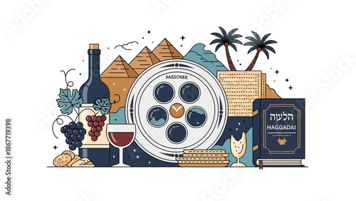 Passover Seder Plate with Wine and Matzah Illustration.