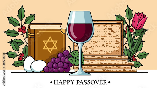 Passover Celebration Elements with Wine and Matzah.