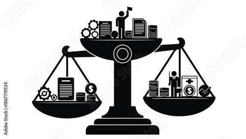 Business balance concept with scales weighing money and industry icons on white background