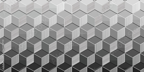 Abstract 3d isometric striped cubes geometric seamless pattern in black and white, vector