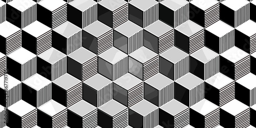 Abstract 3d isometric striped cubes geometric seamless pattern in black and white, vector