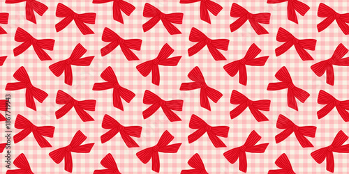 Coquette pink gingham seamless pattern with red hand drawn bows. Holiday festive print for wrapping paper, fabric and textile. Christmas and Valentines day repeat wallpaper. Vector illustration