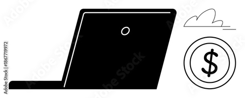 Digital economy, cloud computing, online business, technology, financial growth, internet services. Silhouette of a laptop with cloud and dollar sign. Digital economy and cloud computing concept