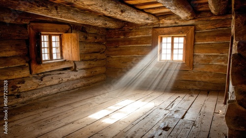 Interior of a rustic log cabin with sunbeams streaming through windows.