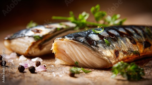 Wallpaper Mural Seared mackerel fillet with silver skin highlight, warm neutral background Torontodigital.ca