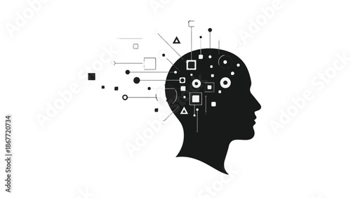 Black silhouette of human head with creative thinking brain symbols and geometric shapes floating out, representing innovation and problem solving