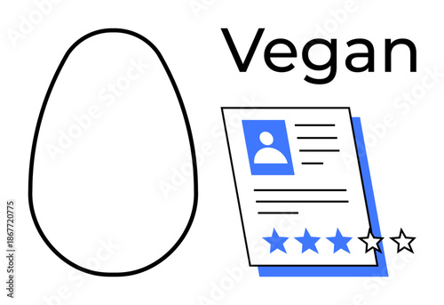 Egg outline suggests vegan alternatives, paired with a profile review card and star ratings. Ideal for food critique, ethical choices, veganism, health, sustainability, product review, and balanced