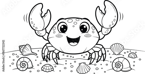 A cheerful cartoon crab among seashells on a sunny beach