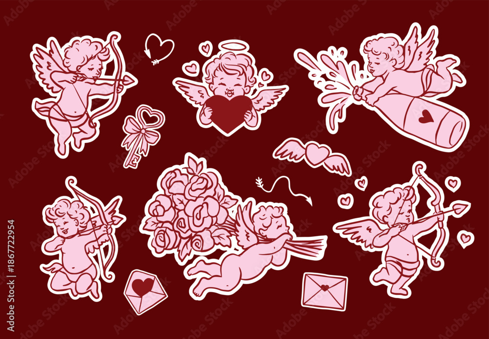 Fototapeta premium Hand drawn Valentine’s Day illustration set with cute cupids and cherubs shooting arrows, holding hearts and roses. Whimsical romantic outline style, perfect for cards, stickers, invitations