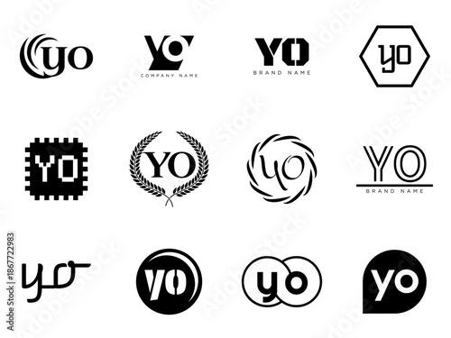 YO logo company template. Letter y and o logotype. Set different classic serif lettering and modern bold text with design elements. Initial font typography.