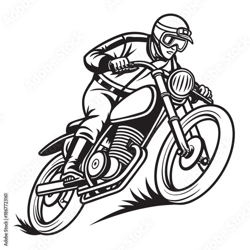Vintage Motorcycle Racer Line Art Illustration in Black and White