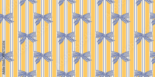 Italian courage ticking stripe seamless pattern with bows. Hand drawn blue ribbons. Yellow vertical lines. Doodle Mediterranean design for fabric and textile. La Dolce Vita design. Vector illustration