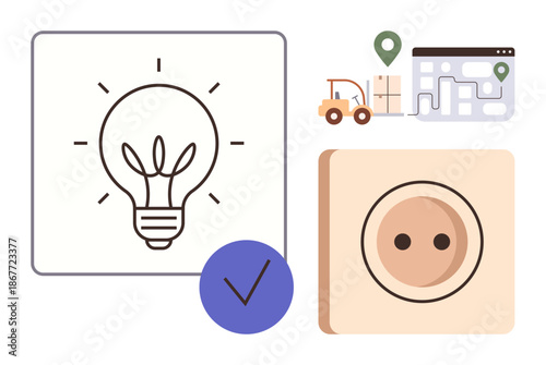Innovation, logistics, energy efficiency, process management, technology, checklist validation. Icons include a light bulb, checklist map with route forklift and a wall socket. Innovation