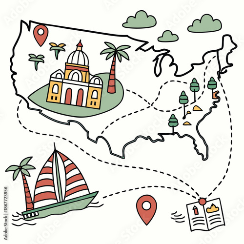 United States Travel Map with Landmarks and Route – Vacation and Road Trip Illustration