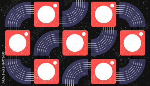 Geometric pattern with red squares and white circles on black background