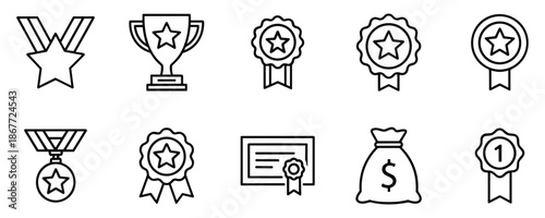 Black line icon set representing awards, achievements, trophies, medals, certificates, and recognition symbols