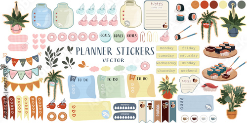 Planner Stickers Set with Coffee, Plants, Dates, and Sushi