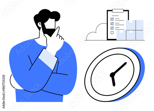 Time management, decision-making, productivity strategies, planning, goal-setting, focus improvement. A person thinking with a checklist and clock beside. Time management and planning concept