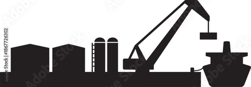 Industrial port with crane loading cargo ship and storage tanks silhouette