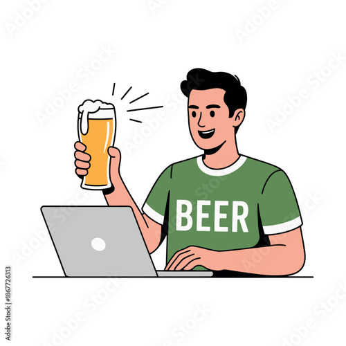Man celebrates online work success by raising a frothy glass of beer.