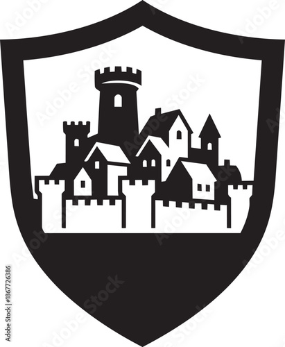 Medieval castle city silhouette inside heraldic shield symbol for emblem or logo vector design