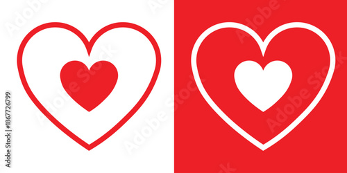Minimalist heart icons in red and white. Split screen design featuring a red heart on white and a white heart on red. Flat vector illustration for Valentine's Day, love, and romantic concepts.