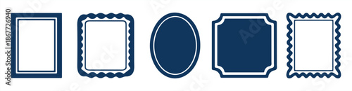 Set of Five Navy Blue Decorative Picture Frames on White Background