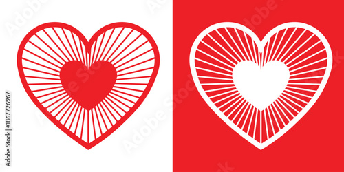 Minimalist heart icons in red and white. Split screen design featuring a red heart on white and a white heart on red. Flat vector illustration for Valentine's Day, love, and romantic concepts.