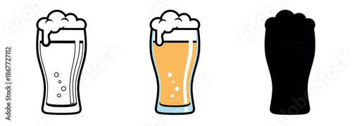 Pints of beer with foam head shown in line art, full color with golden lager, and solid black silhouette. Perfect for bar and brewery themes.
