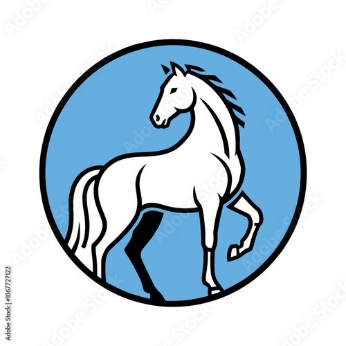 Professional circular emblem of a white horse in a proud stance, set against a light blue background, ideal for equestrian or corporate branding.