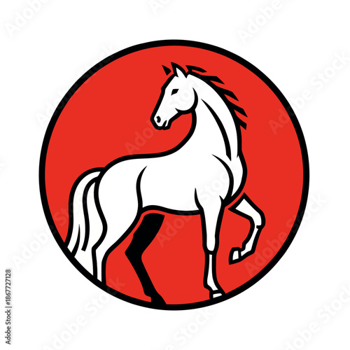 Clean circular logo featuring a white stallion looking back, set against a bold red background for a classic heraldic or equestrian emblem.