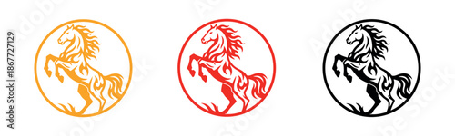 Set of three rearing horse logos in circular frames, presented in gold, red, and black with a decorative flaming mane and tail style.