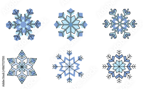Collection of six geometric snowflake icons in shades of blue and white, featuring clean lines and modern winter design elements.