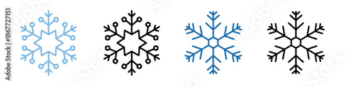 Four distinct snowflake icons ranging from light blue to black, showcasing thin line art and delicate geometric patterns.