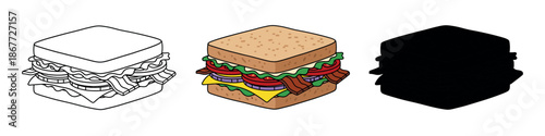 Gourmet club sandwich icon set featuring layers of bacon, tomato, and lettuce in outline, flat color, and solid silhouette styles.