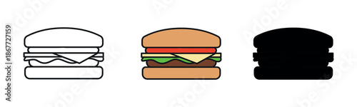 Three burger icons in different styles: black and white outline, full color with layers, and solid black silhouette on a white background.