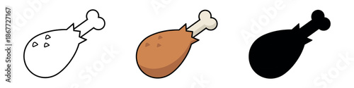 Fried chicken leg drumstick icon set with crispy texture details, presented in outline, warm brown color, and solid silhouette styles.