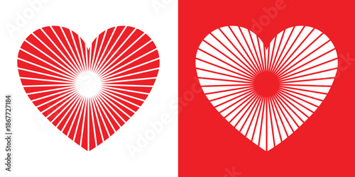 Minimalist heart icons in red and white. Split screen design featuring a red heart on white and a white heart on red. Flat vector illustration for Valentine's Day, love, and romantic concepts.