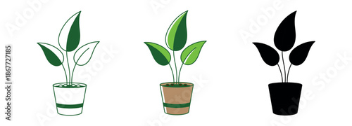 Set of three houseplant icons in a brown pot, featuring clean green leaves in outline, flat color, and solid black silhouette styles.