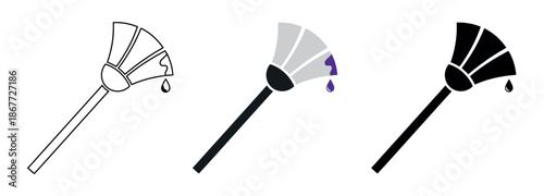 Fan-shaped artist brush with a drop of purple paint. Set includes outline, grayscale with purple accent, and solid black silhouette versions.