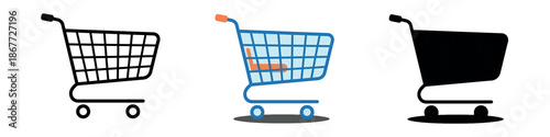 Set of three shopping carts: black outline, blue and orange color scheme with shadow, and a solid black version. Ideal for retail and web apps.
