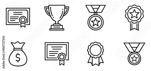 Black line icon set representing awards, achievements, trophies, medals, certificates, and recognition symbols