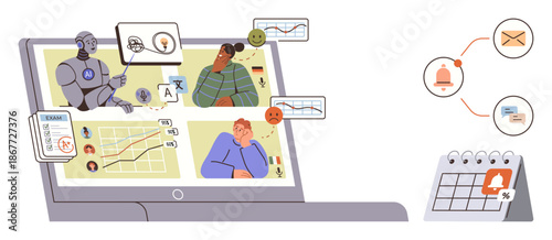 Artificial intelligence, healthcare, data monitoring, behavioral insights, task tracking, communication. Laptop displaying AI, charts and people with emotions. AI and healthcare interaction concept