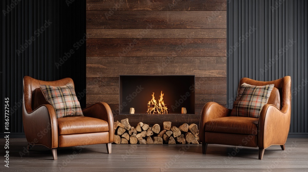 Fototapeta premium Two comfortable leather armchairs flank a modern fireplace built into a rustic wooden wall